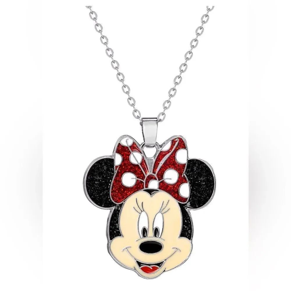Disney Minnie Mouse Silver Tone Glitter Bow Pendant Adjustable 16” Necklace